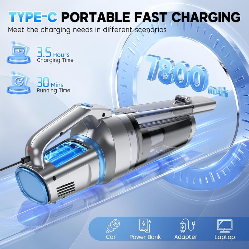 JONYJ Handheld Vacuum Cordless, 16000PA Strong Suction Hand Held Car Vacuum Cleaner, Portable Hand Vacuum Rechargeable with Multi-Nozzles & LED Light for Home, Car, Office, Pets - Image 4